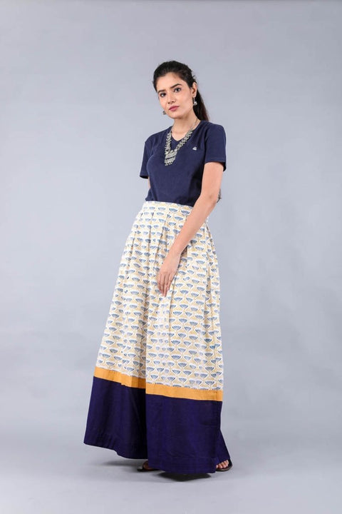 Cotton Box pleat Skirt in Off white and blue hand block print