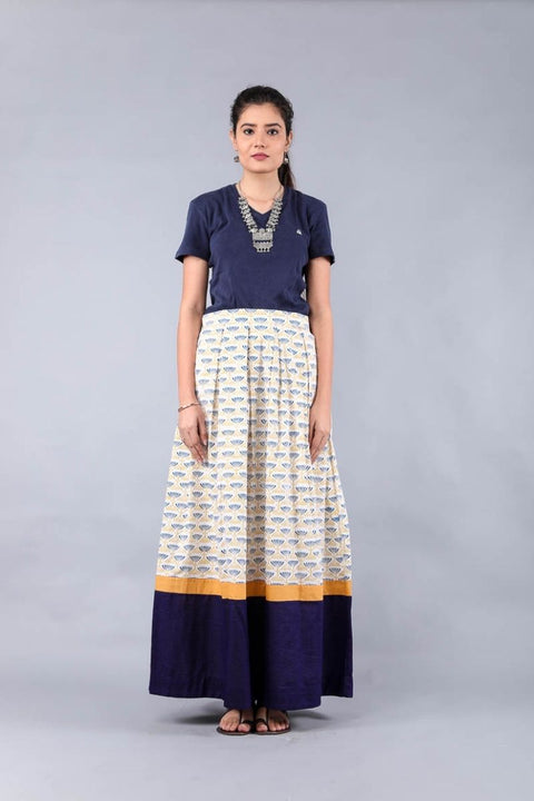 Cotton Box pleat Skirt in Off white and blue hand block print