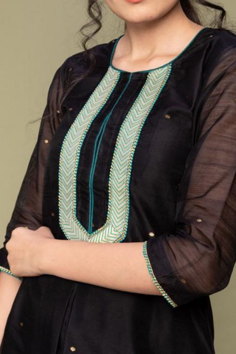 Buy Black Chanderi Handloom Kurti & Flared Cotton Palazzo – Set of 2


