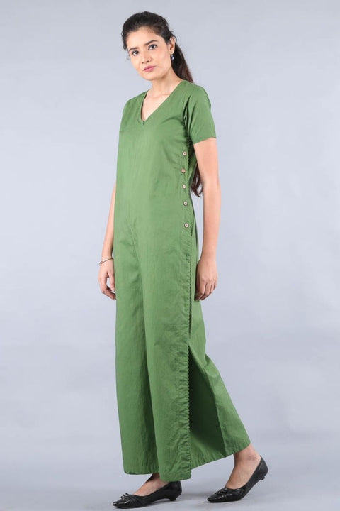 Luxury Jumpsuit in Fern Green with Side Buttons | Vinusto