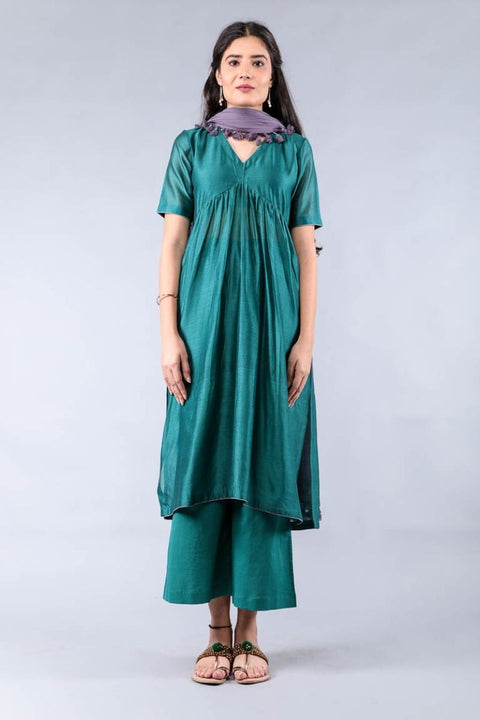 Buy Flared Chanderi Kurta & Cotton Palazzo in Teal Green – Set of 2

