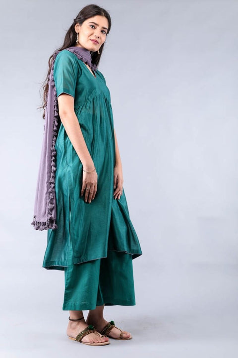 Premium Flared Chanderi Kurta & Cotton Palazzo in Teal & Grape Purple – Set of 3


