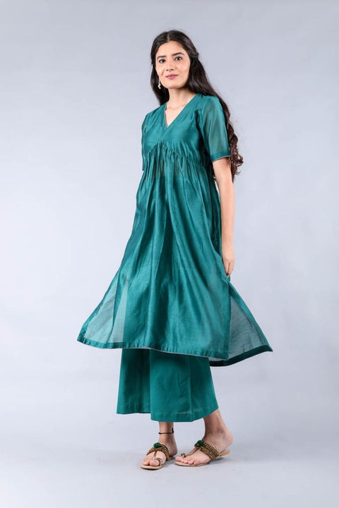 Shop Flared Chanderi Kurta & Cotton Palazzo in Teal Green – Set of 2

