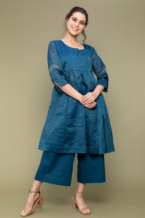 Shop Teal Blue Chanderi Handloom Gathered Wrap Kurti with Cropped Cotton Palazzo - Set of 2

