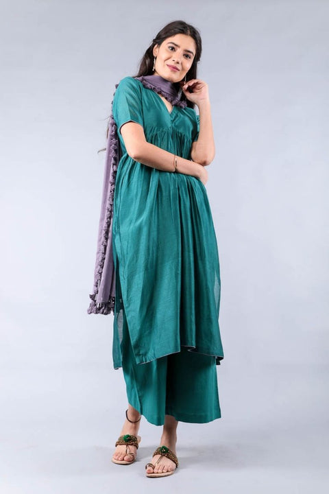 Shop Flared Chanderi Kurta & Cotton Palazzo in Teal & Grape Purple – Set of 3


