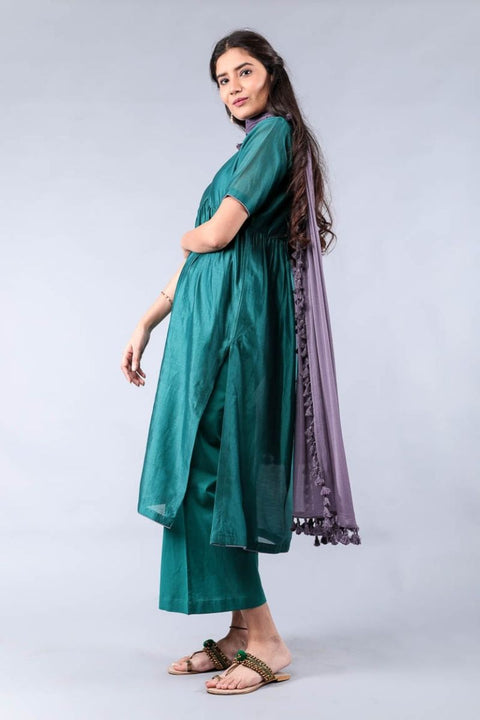 Luxury Flared Chanderi Kurta & Cotton Palazzo in Teal & Grape Purple – Set of 3

