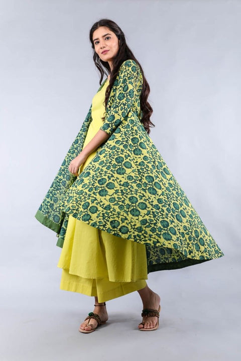 Shop Yellow & Green Hand Block Print Suit Set with Flared Jacket - Set of 3 | Vinusto