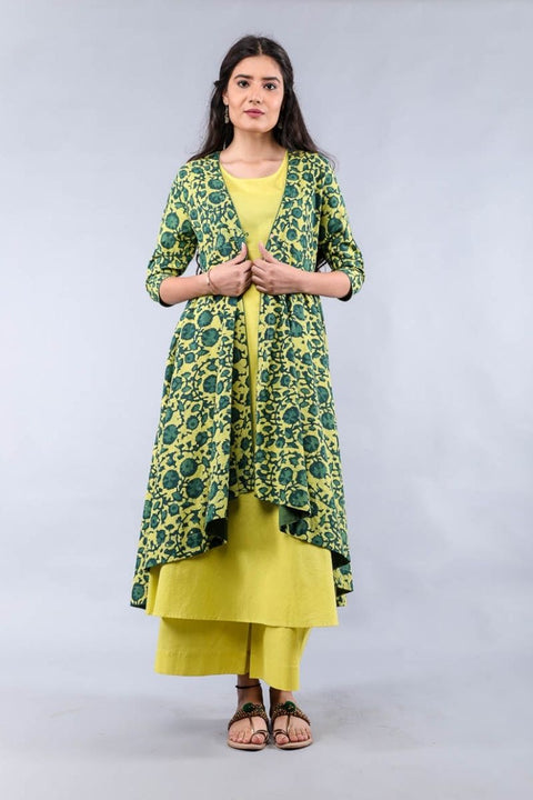 Order Yellow & Green Hand Block Print Suit Set with Flared Jacket - Set of 3 | Vinusto