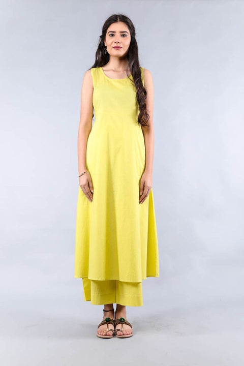 Premium Yellow & Green Hand Block Print Suit Set with Flared Jacket - Set of 3 | Vinusto