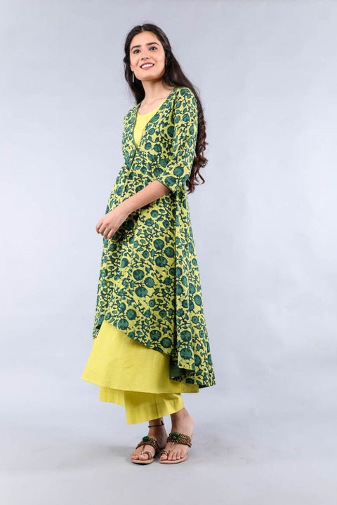 Luxury Yellow & Green Hand Block Print Suit Set with Flared Jacket - Set of 3 | Vinusto