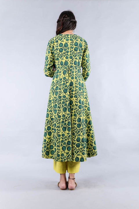 Handcraft Yellow & Green Hand Block Print Suit Set with Flared Jacket - Set of 3 | Vinusto