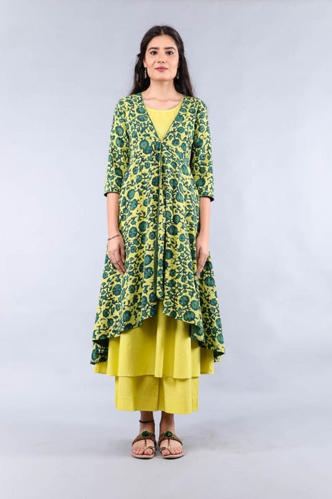 Buy Yellow & Green Hand Block Print Suit Set with Flared Jacket - Set of 3 | Vinusto