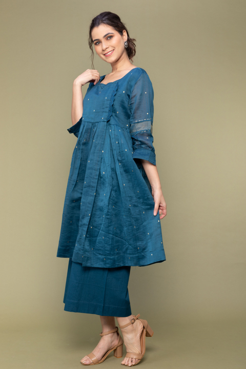 Buy Teal Blue Chanderi Handloom Gathered Wrap Kurti with Cropped Cotton Palazzo - Set of 2

