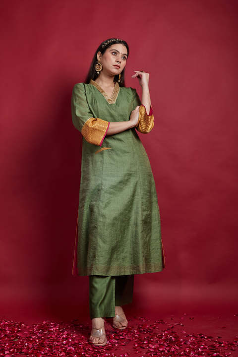 Shop V Neck Embroidered Zari Striped Kurta & Pants in Olive Green Chanderi (Set of 2) - By Vinusto
