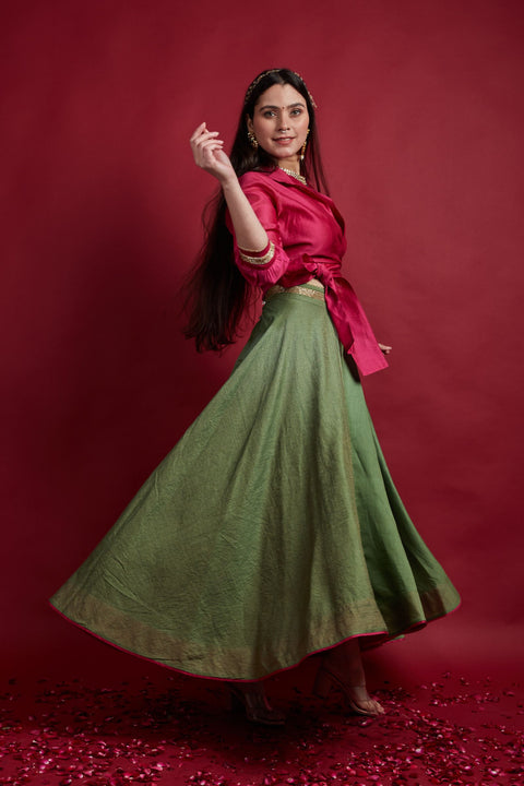 Best Tie Warp Blouse With Stylized High Low Lehanga Set In Pink & Olive Green Chanderi Handloom (Set Of 3) - By Vinusto