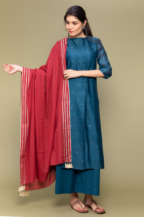 Shop Teal Blue Pleated Chanderi Handloom Kurta with Cotton Pants & Red Gota Work Dupatta - Set of 3

