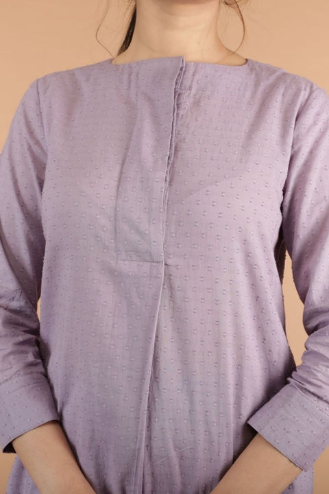 Luxury Textured Cotton Short Kurta in Lilac with Hand Block Printed Pinstripe Cotton Pants (Set of 2) | Vinusto
