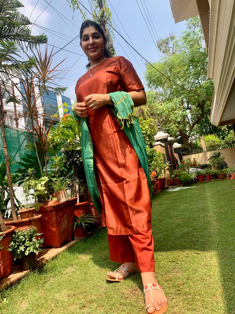 Luxury Chanderi High Slit Kurta with Cotton Pants in Rust - Set of 2 | Vinusto


