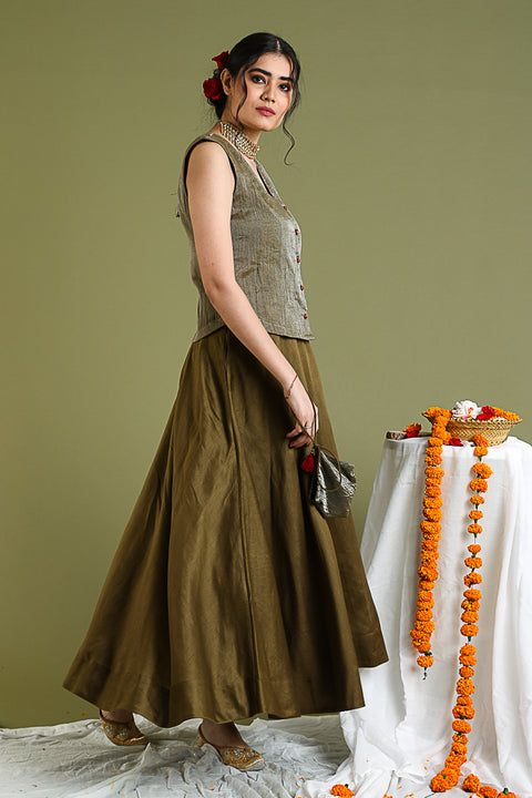 Buy Coord Set- Tobacco Brown Top In Tissue With Flared Skirt In Chanderi Hand Loom (Set Of 2) - By Vinusto