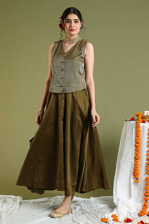 Buy Tobacco Brown Flared Skirt in Chanderi Handloom | Vinusto