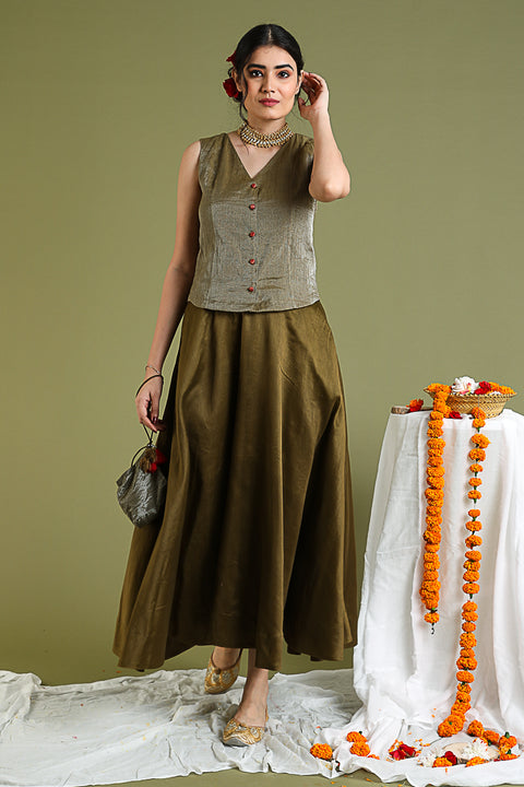 Shop Coord Set- Tobacco Brown Top In Tissue With Flared Skirt In Chanderi Hand Loom (Set Of 2)at Best Price online - By Vinusto