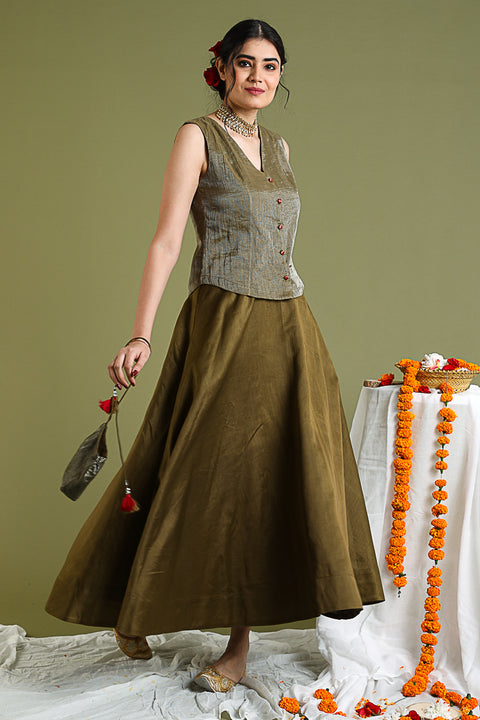 Shop Tobacco Brown Flared Skirt in Chanderi Handloom | Vinusto