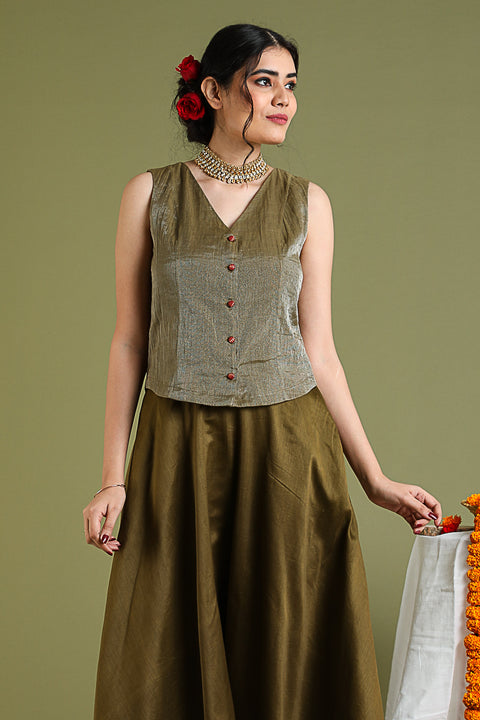 Buy Tobacco Brown V-Neck Top in Chanderi Tissue Handloom | Vinusto