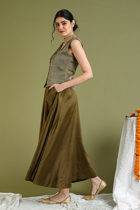 Order Tobacco Brown Flared Skirt in Chanderi Handloom | Vinusto