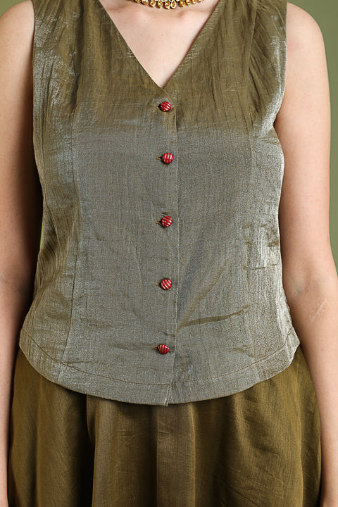 Shop Tobacco Brown V-Neck Top in Chanderi Tissue Handloom | Vinusto