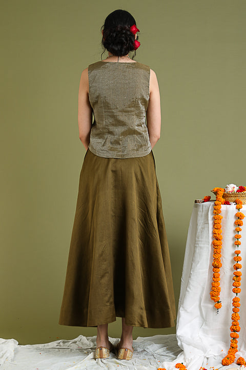 Luxury Tobacco Brown V-Neck Top in Chanderi Tissue Handloom | Vinusto