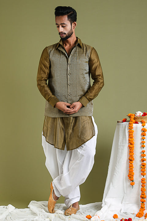 Tobacco Brown Nehru Jacket in Chanderi Tissue Handloom