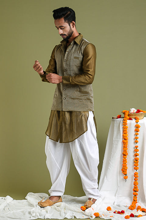 Tobacco Brown Nehru Jacket in Chanderi Tissue Handloom