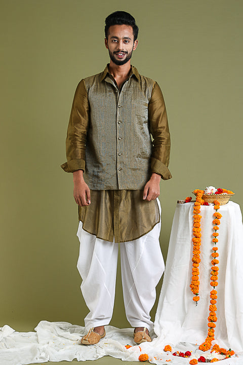 Shop Tobacco Brown Nehru Jacket in Chanderi Tissue Handloom | Vinusto