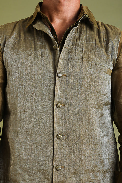 Order Tobacco Brown Nehru Jacket in Chanderi Tissue Handloom | Vinusto