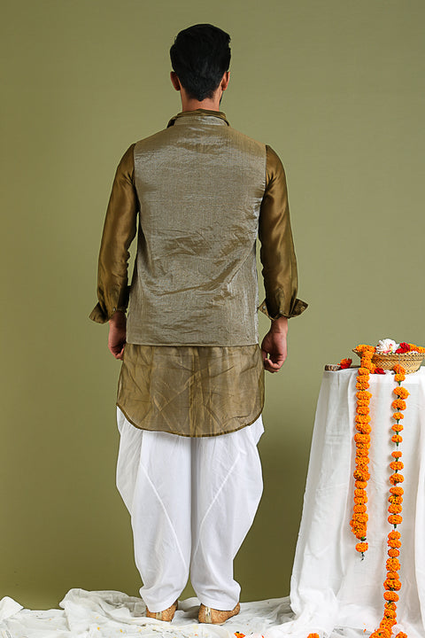 Premium Tobacco Brown Nehru Jacket in Chanderi Tissue Handloom | Vinusto
