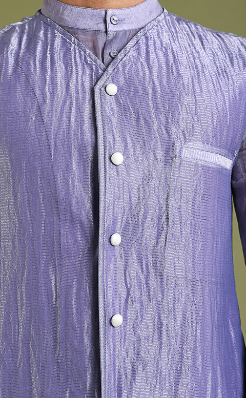 Luxury Chanderi Tissue Shirt Kurta & Jacket in Silver Stripes with Lavender & White Cotton Pants | Vinusto