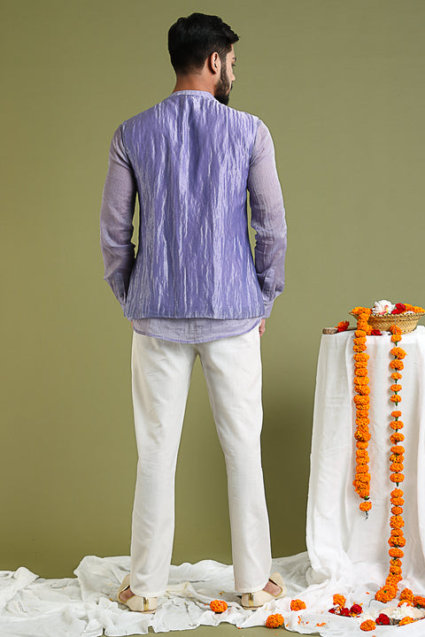 Premium Chanderi Tissue Shirt Kurta & Jacket in Silver Stripes with Lavender & White Cotton Pants | Vinusto