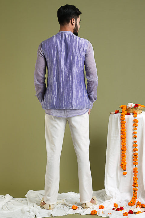 Chanderi Tissue Shirt Kurta, Jacket in Silver Stripes Chanderi & Cotton Pants in Lavender & White