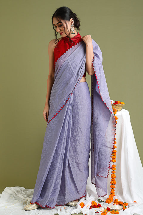 Coordinate Set- Lavender Scallop Saree in Chanderi Tissue with Red Chanderi Halter Neck Blouse (Set of 2)