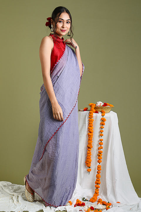 Coordinate Set- Lavender Scallop Saree in Chanderi Tissue with Red Chanderi Halter Neck Blouse (Set of 2)