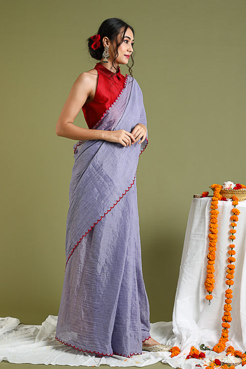 Coordinate Set- Lavender Scallop Saree in Chanderi Tissue with Red Chanderi Halter Neck Blouse (Set of 2)