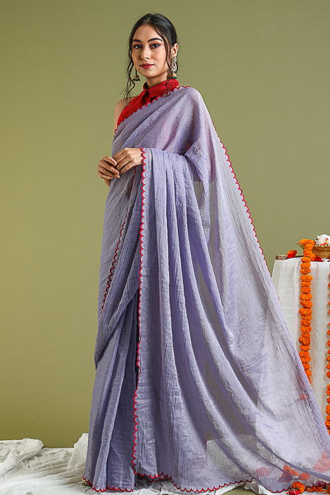 Coordinate Set- Lavender Scallop Saree in Chanderi Tissue with Red Chanderi Halter Neck Blouse (Set of 2)