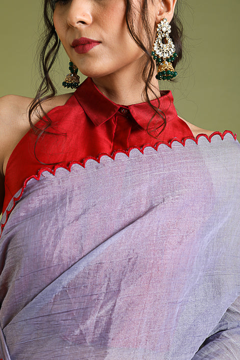 Coordinate Set- Lavender Scallop Saree in Chanderi Tissue with Red Chanderi Halter Neck Blouse (Set of 2)