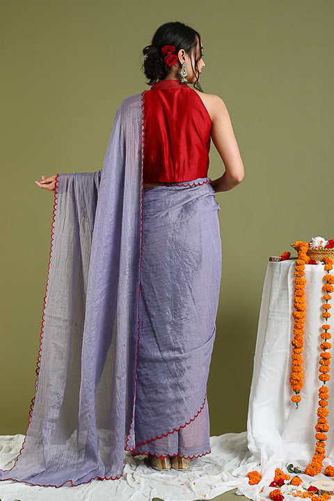Coordinate Set- Lavender Scallop Saree in Chanderi Tissue with Red Chanderi Halter Neck Blouse (Set of 2)