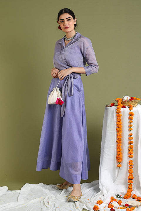 Best Coord Set-Lavender Tissue Wrap Top With Flared Skirt In Chanderi Hand Loom (Set Of 3) - By Vinusto