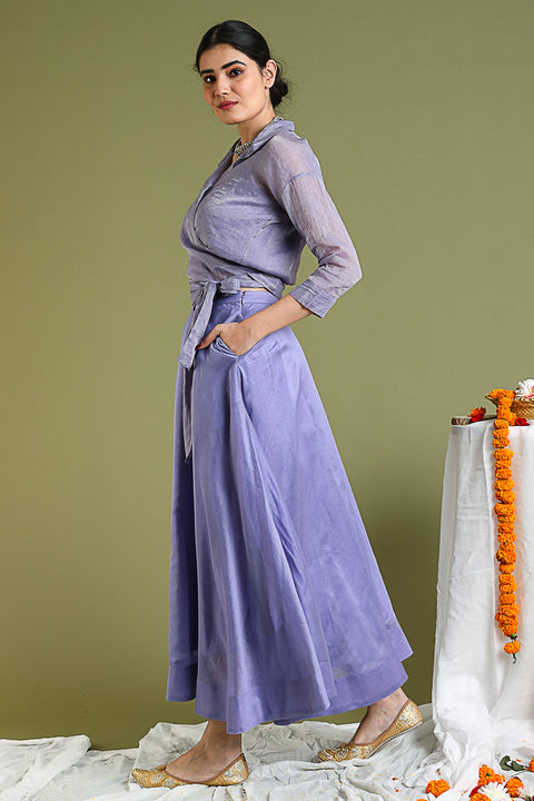 Coordinate Set-Lavender Tissue Wrap Top  with Flared Skirt in Chanderi Hand loom (Set of 3)