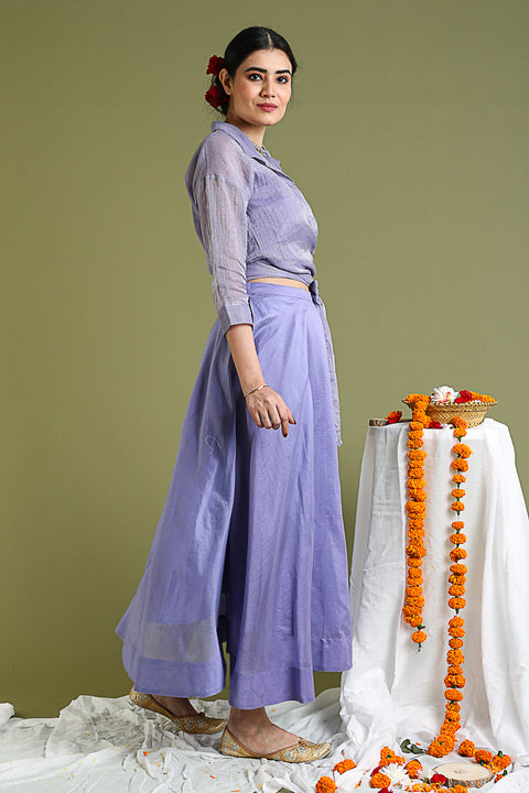 Shop Coord Set-Lavender Tissue Wrap Top With Flared Skirt In Chanderi Hand Loom (Set Of 3)at Best Price online - By Vinusto