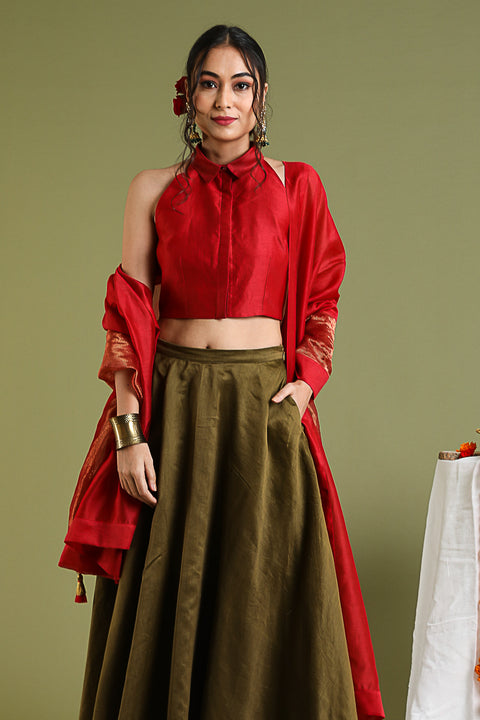 Coordinate Set- Red Halter Neck Top, Flared Skirt in  Tobacco Brown with Red & Gold Stripe Dupatta in  Chanderi Hand loom (Set of 3)