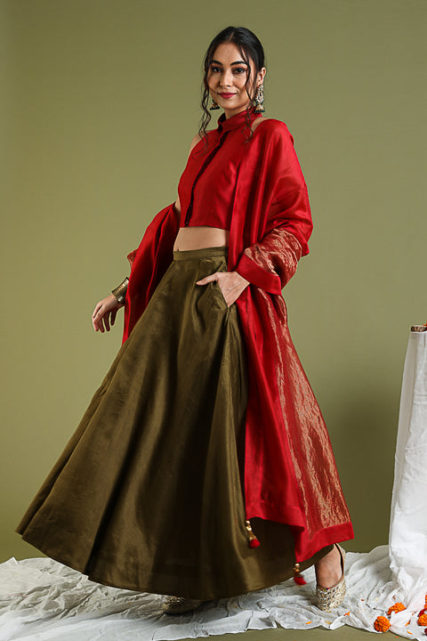 Order Coord Set- Red Halter Neck Top, Flared Skirt In Tobacco Brown With Red & Gold Stripe Dupatta In Chanderi Hand Loom (Set Of 3) - By Vinusto