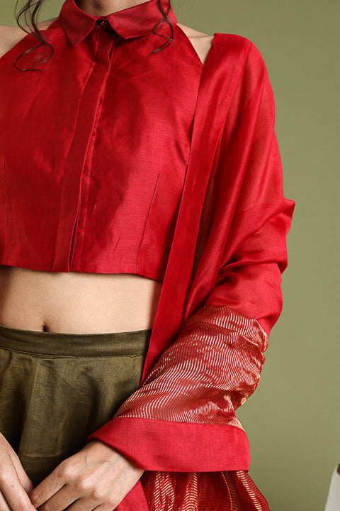 Pure- Luxury Coord Set- Red Halter Neck Top, Flared Skirt In Tobacco Brown With Red & Gold Stripe Dupatta In Chanderi Hand Loom (Set Of 3) - By Vinusto